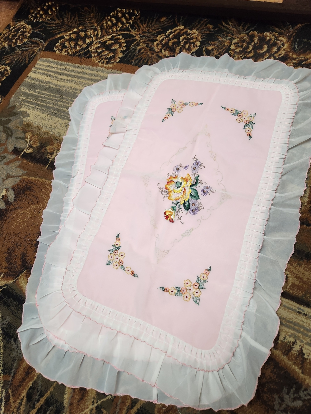 Vintage Pink Floral Embroidered Pillow Sham with White Ruffle